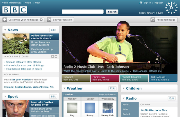 A mockup for the BBC website with sign in